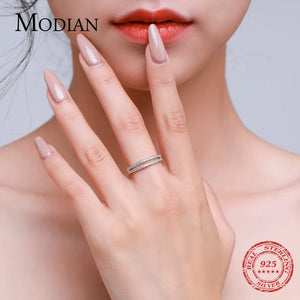 925 Sterling Silver Double Circle Line Clear CZ Finger Ring for Women