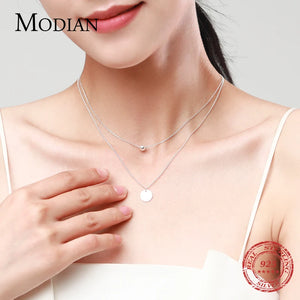 925 Sterling Silver Double Layer Charm Round Necklace Pendant Chain For Women