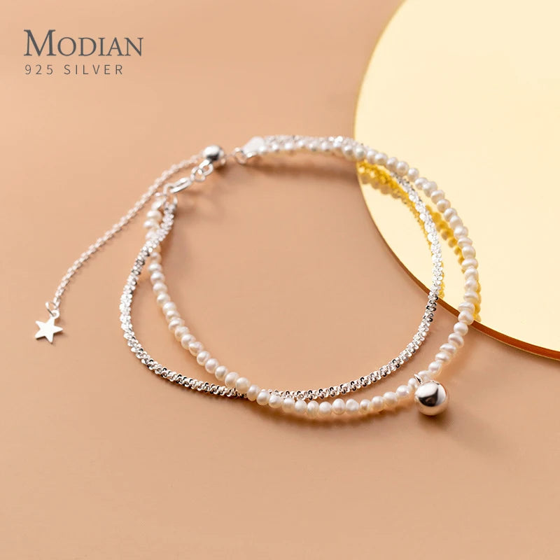 925 Silver Double Layer Pearl Chain Bracelet for Women