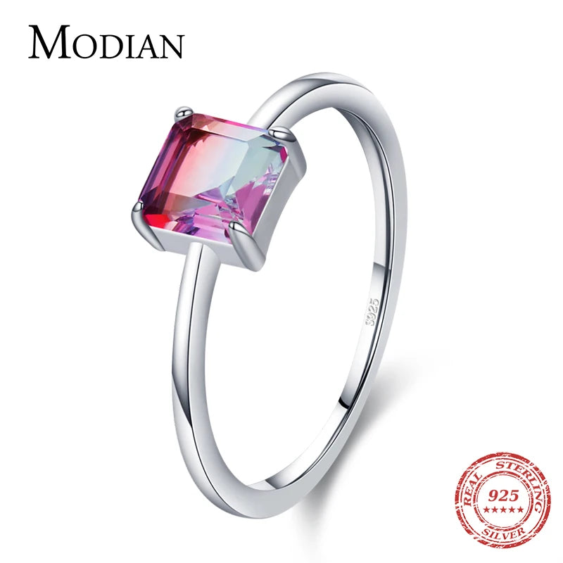 925 Silver Emerald Cut Rainbow Tourmaline Ring Women Jewelry