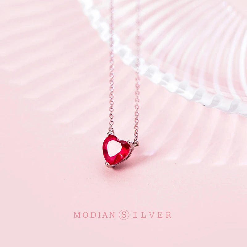 925 Silver Red CZ Heart Pendant Necklace for Women
