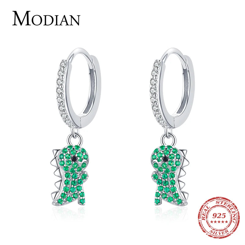 925 Silver Dinosaur Swing Earrings Clear CZ Dangle Ear Women Jewelry