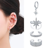 925 Silver Stars Punk Ear Cuff CZ Clip Earrings