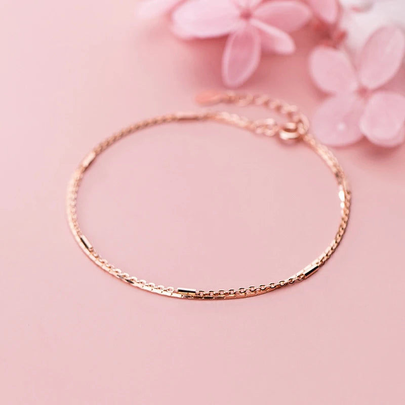 Geometric Double Layer 925 Sterling Silver Link Chain Bracelet
