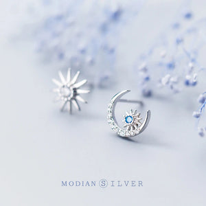 925 Silver Rose Moon and Sun Stud Earrings for Women Jewelry Ear Pins