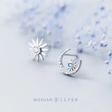 925 Silver Rose Moon and Sun Stud Earrings for Women Jewelry Ear Pins