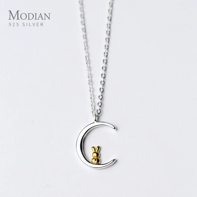 Animal Moon And Rabbit Pendant Necklace 925 Sterling Silver Female Jewelry