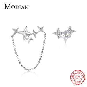 925 Silver Clear CZ Stars Chain Stud Earrings Women Party Jewelry
