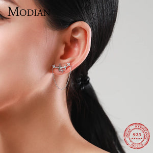 925 Silver Clear CZ Stars Chain Stud Earrings Women Party Jewelry