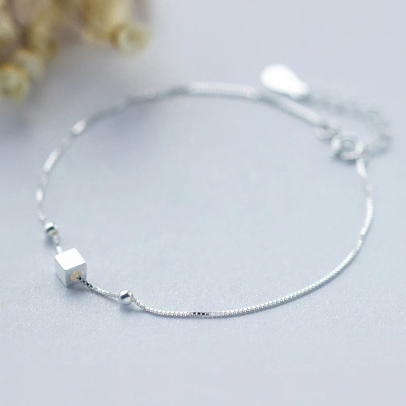 925 Sterling Silver Anklet 3D Square Bead Bracelet Women Jewelry