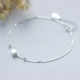 925 Sterling Silver Anklet 3D Square Bead Bracelet Women Jewelry