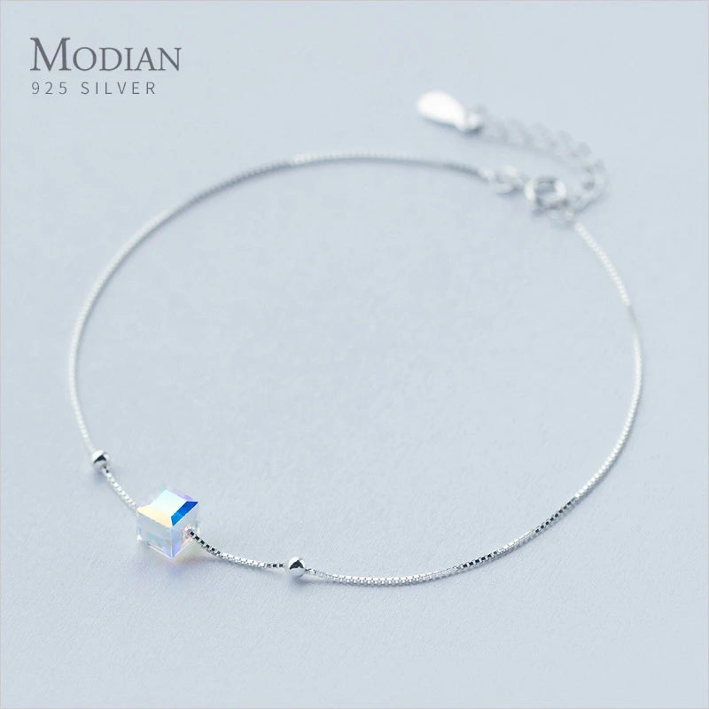 3D Square Silver Bracelet 925 Sterling Silver Anklets for Women