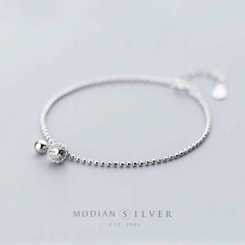 925 Silver Bell Geometric Beads Chain Bracelet with CZ