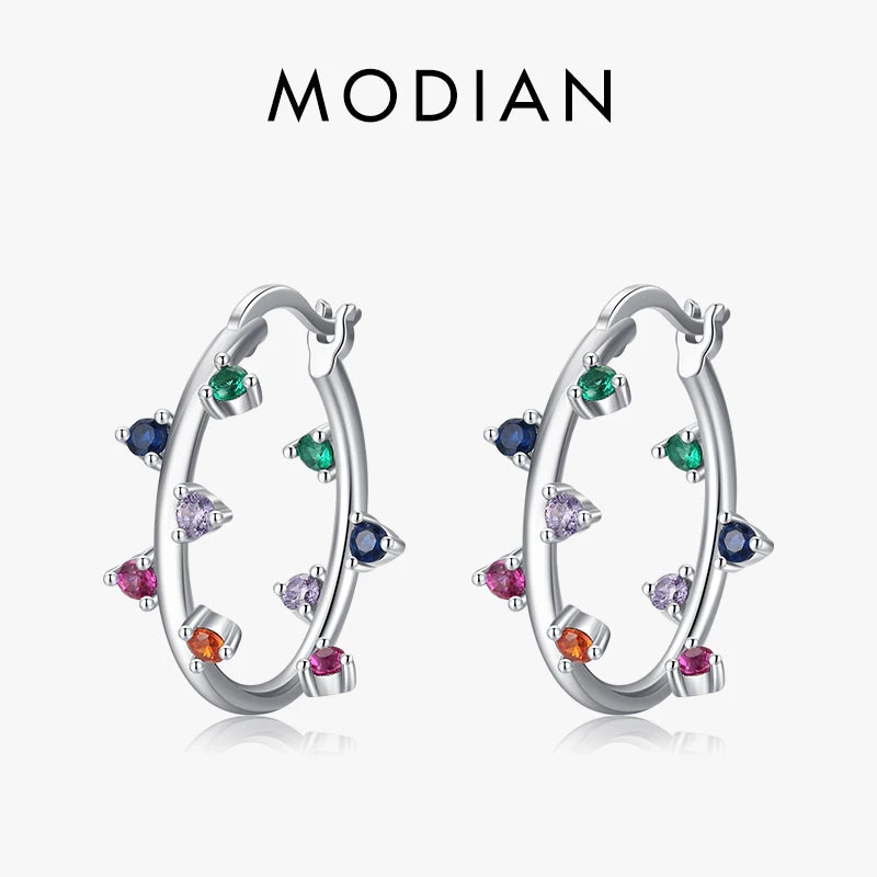 925 Silver Rainbow Zirconia Hoop Earrings Women Party Jewelry