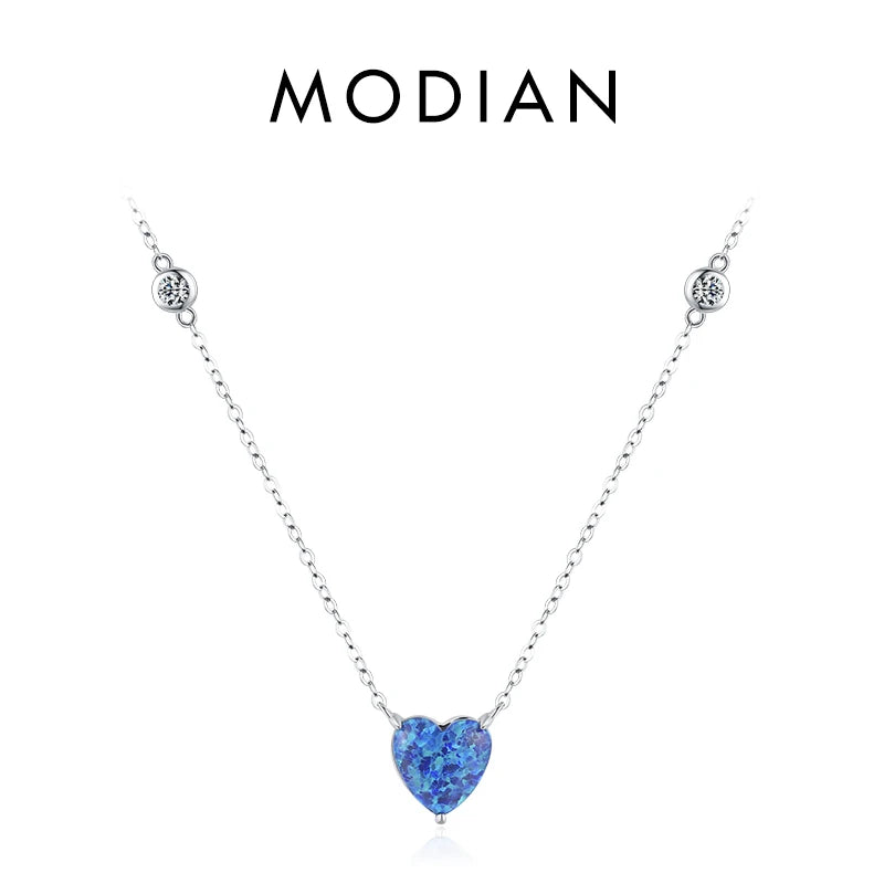 925 Silver Heart Opal Pendant Necklace Rose Chain Jewelry