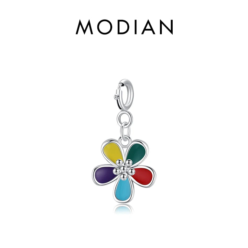 925 Silver Enamel Plant Hearts Rainbow Pendant Charm DIY Bracelet Necklace