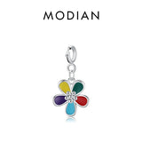925 Silver Enamel Plant Hearts Rainbow Pendant Charm DIY Bracelet Necklace