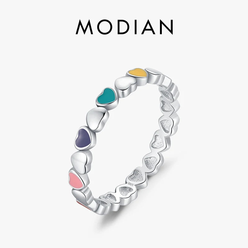 925 Silver Multicolour Enamel Hearts Stackable Ring