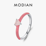 Women's 925 Sterling Silver Pink Enamel Heart Opal Stackable Ring