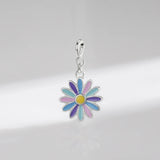 925 Silver Rainbow Enamel Flower Pendant for Women DIY Bracelet Necklace Charms