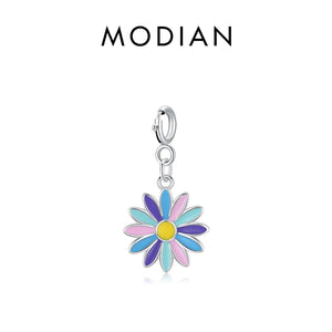 925 Silver Rainbow Enamel Flower Pendant for Women DIY Bracelet Necklace Charms