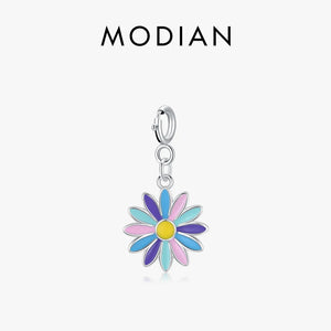 925 Silver Rainbow Enamel Flower Pendant for Women DIY Bracelet Necklace Charms