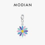 925 Silver Rainbow Enamel Flower Pendant for Women DIY Bracelet Necklace Charms