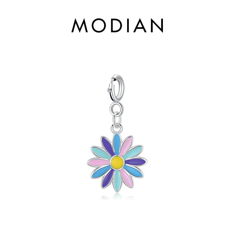 925 Silver Rainbow Enamel Flower Pendant for Women DIY Bracelet Necklace Charms