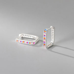 925 Silver Rainbow Zirconia Hoop Earrings Rectangle Party Jewelry