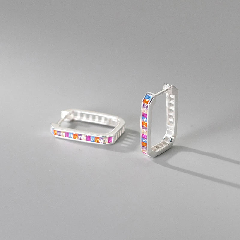 925 Silver Rainbow Zirconia Hoop Earrings Rectangle Party Jewelry