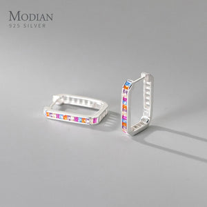925 Silver Rainbow Zirconia Hoop Earrings Rectangle Party Jewelry