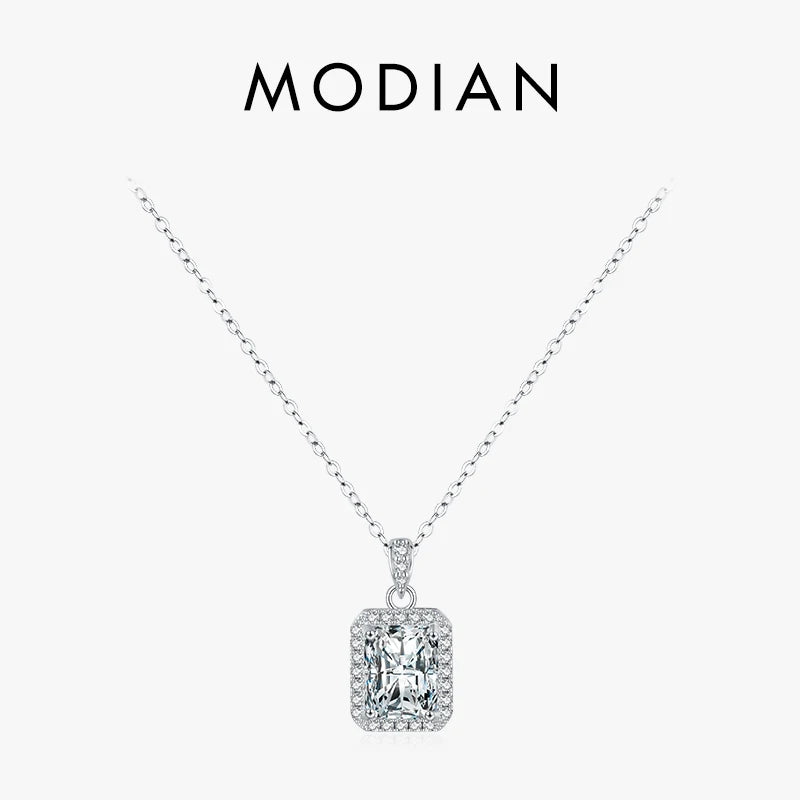 925 Silver Rectangle Zirconia Pendant Necklace Sparkling Charm Jewelry Women
