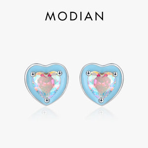 925 Silver Enamel Hearts Ear Studs Rainbow Zirconia Earrings