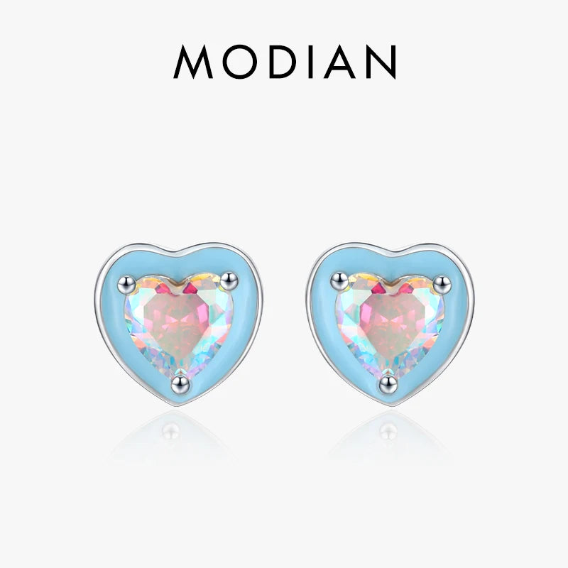 925 Silver Enamel Hearts Ear Studs Rainbow Zirconia Earrings