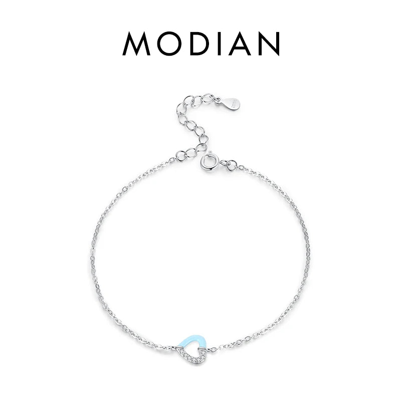 925 Silver Pink Enamel Hearts Link Chain Bracelet for Women