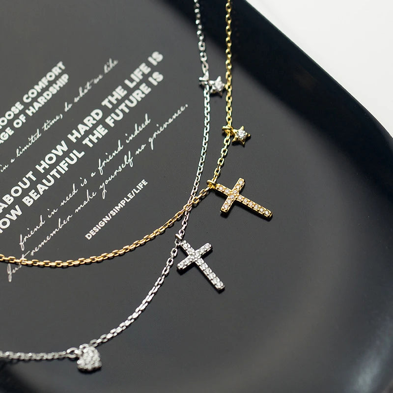 925 Sterling Silver Star Cross Hearts Pendant Necklace for Women