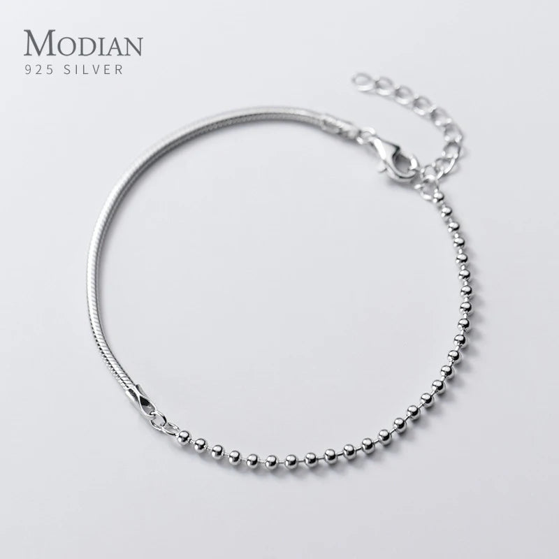 925 Silver Asymmetry Snake Chain Beads Bracelet Splicing Fine Jewelry