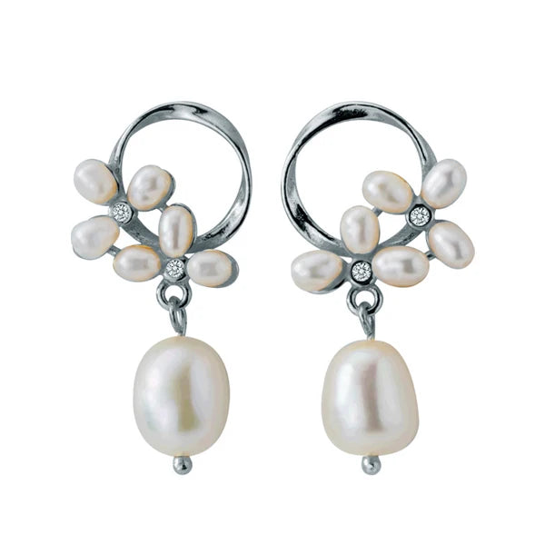 Sterling Silver Pearl Flower Earrings Hoop Jewelry Brincos