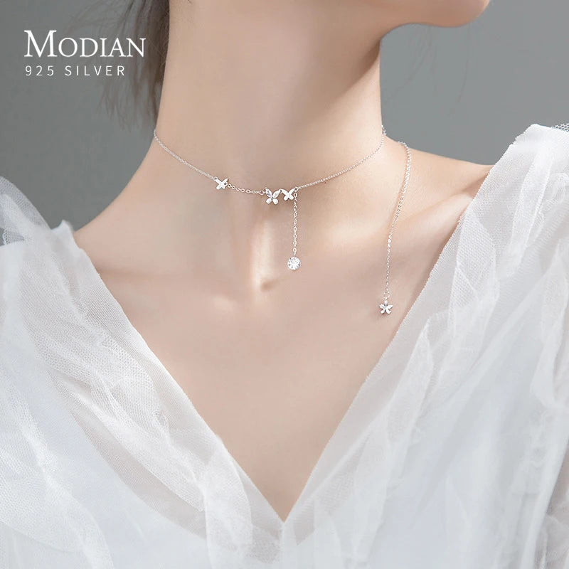 Butterfly Tassel Zirconia 925 Silver Chokers Necklace