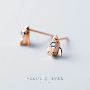 Crystal Rocket Stud Earrings 925 Sterling Silver Jewelry Female Accessories