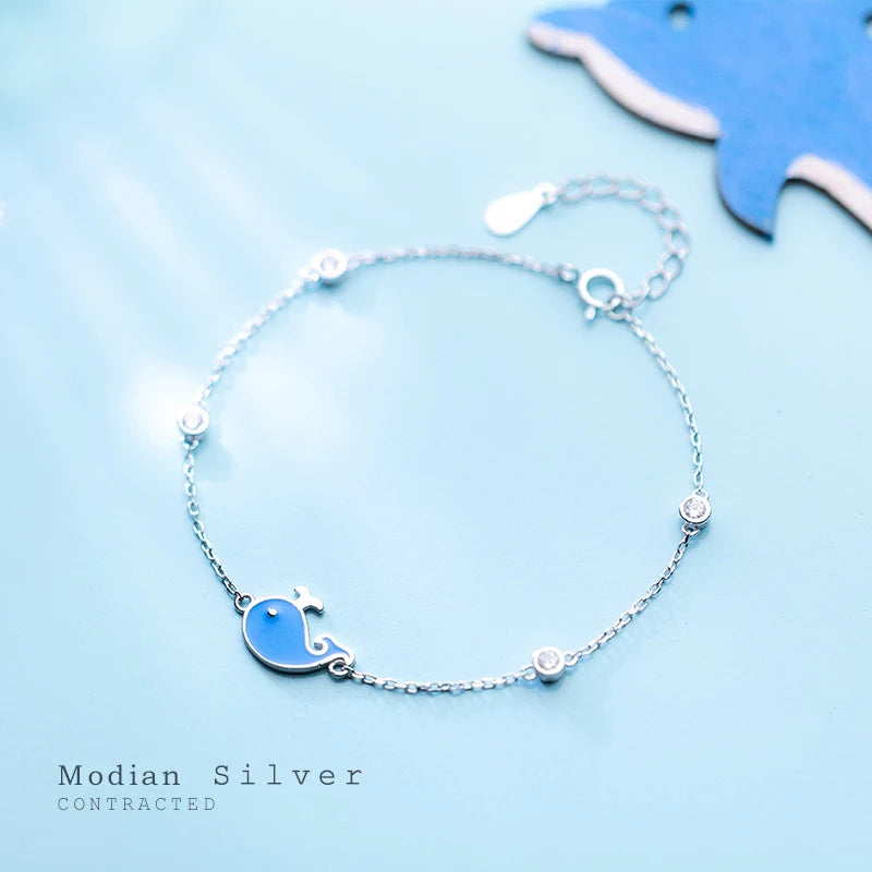 Whale Fish 925 Silver Enamel Pattern Chain Bracelet