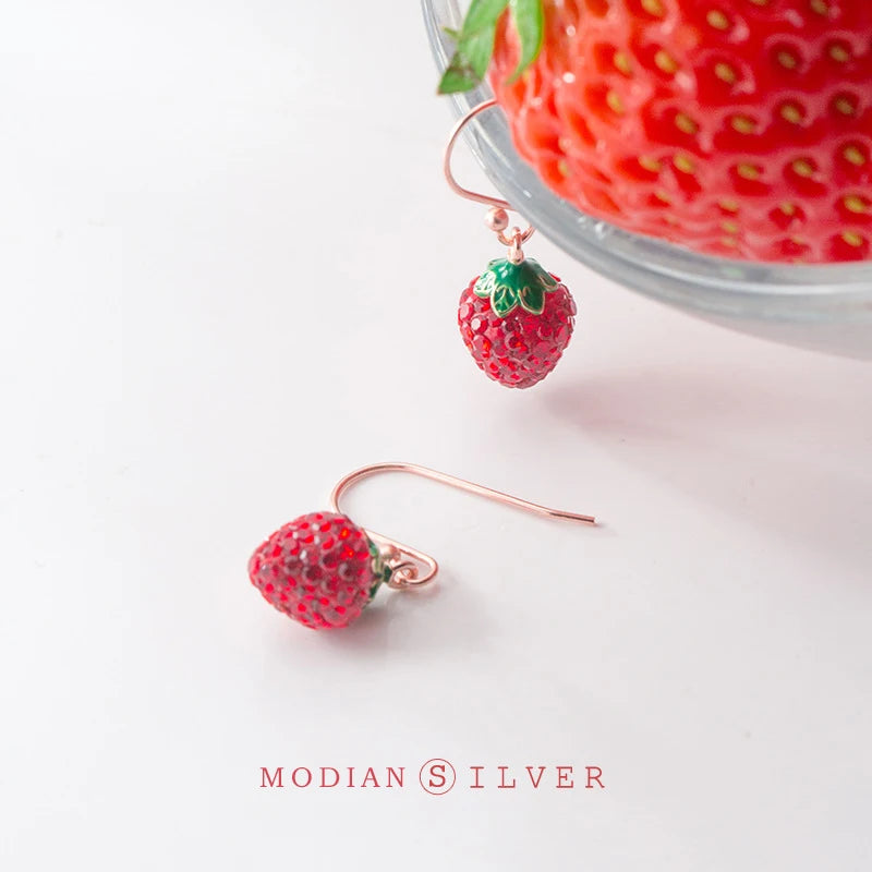 Crystal Strawberry Drop Earrings 925 Silver Dangle Jewelry