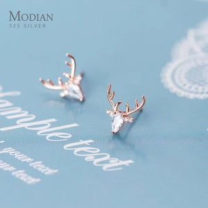 Zircon Animal Antlers Silver Earring Elk Pattern Ear Pin