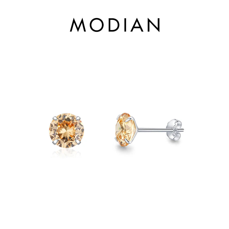 Champagne Zirconia Stud Earrings 925 Sterling Silver Hypoallergenic