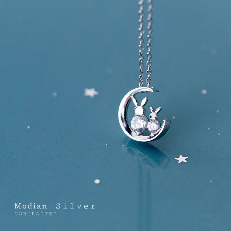 925 Silver Moon Shape Rabbit Choker Necklace for Women - Anti-allergy