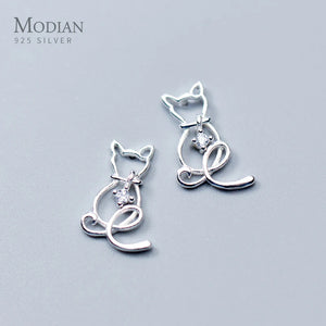 925 Silver Cats Stud Earrings Clear CZ Romantic Jewelry Christmas