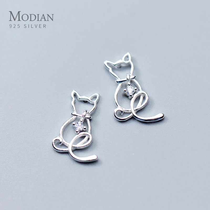 925 Silver Cats Stud Earrings Clear CZ Romantic Jewelry Christmas