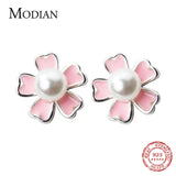 Pink Enamel Plant Silver Stud Earrings 925 Sterling Silver Pearl Jewelry