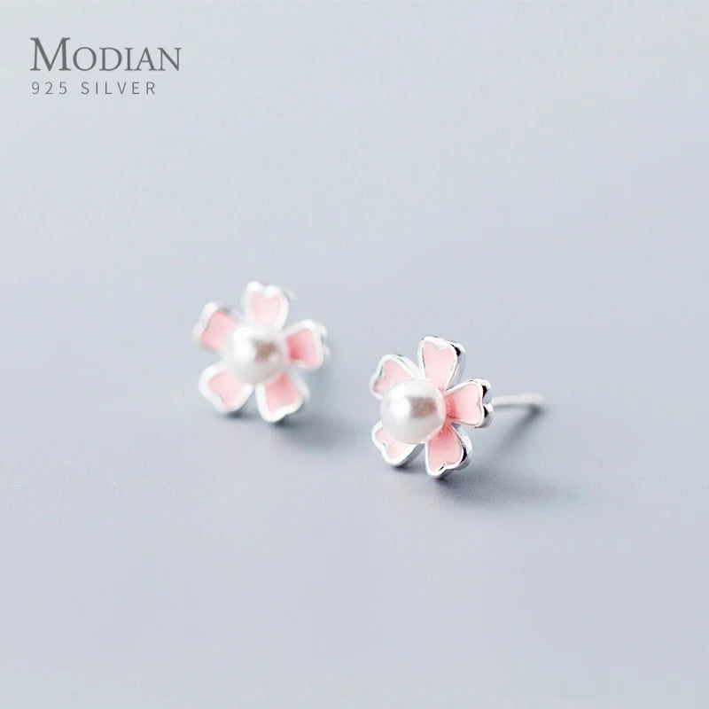 Pink Enamel Plant Silver Stud Earrings 925 Sterling Silver Pearl Jewelry