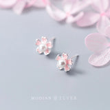 Pink Enamel Plant Silver Stud Earrings 925 Sterling Silver Pearl Jewelry